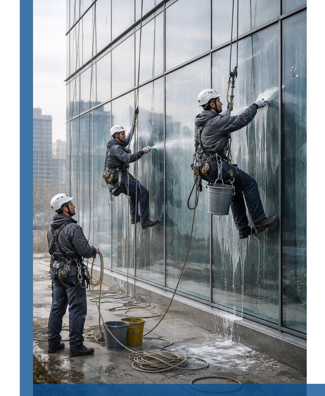 Промышленная мойка панорамных окон на высоте в Лобне