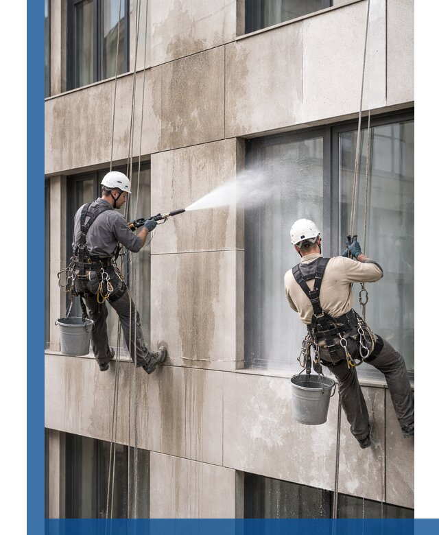 Послестроительная мойка фасада промышленным альпинизмом в Лобне