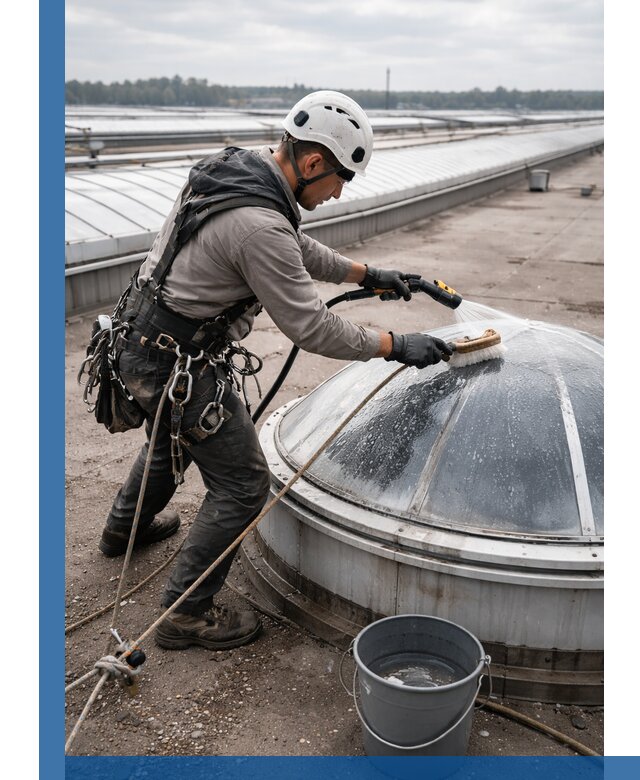 Мойка зенитных фонарей на кровле для промышленных объектов в Лобне