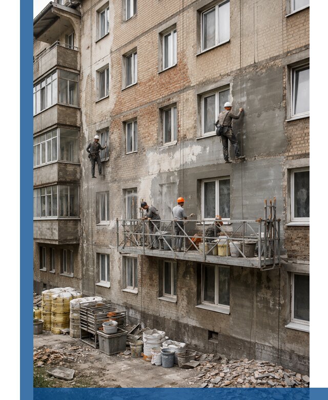 Капитальный ремонт фасада в Лобне с восстановлением и гидроизоляцией