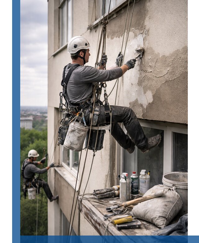 Косметический ремонт фасада зданий в Лобне промышленными альпинистами