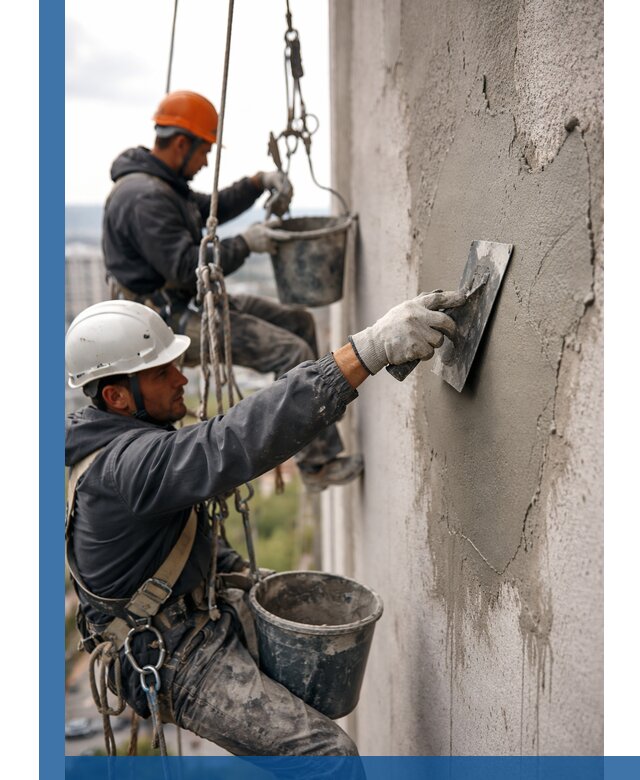 Штукатурка фасада на высоте в Лобне профессиональные работы