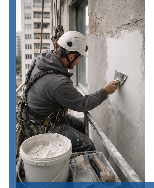 Шпаклевка фасадов на высоте с промальпинистами в Лобне