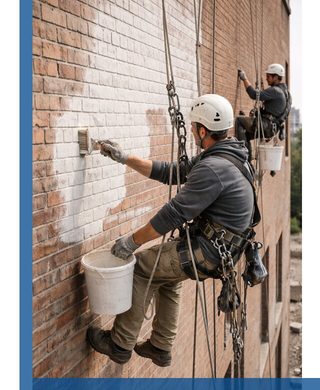 Покраска кирпичного фасада с доступным альпинистским сервисом в Лобне