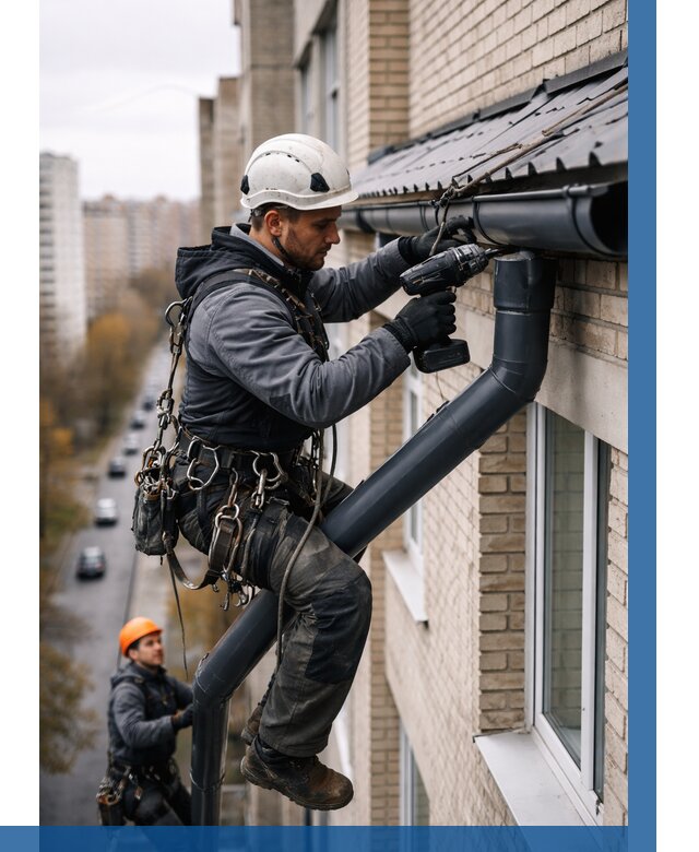 Монтаж водосточной системы на здании в Лобне от 5163 р. | ВЫСОТНИК-Лбн