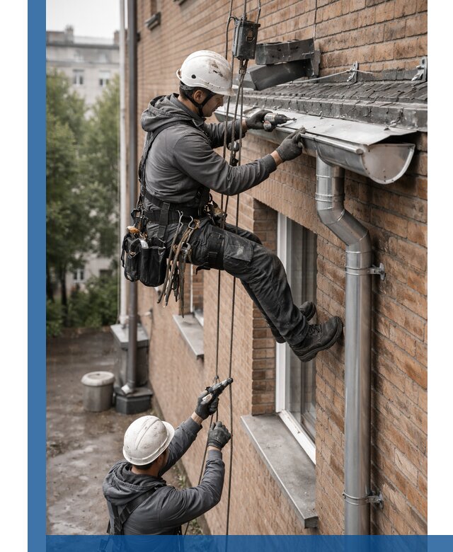 Монтаж водосточной системы на здании в Лобне под ключ