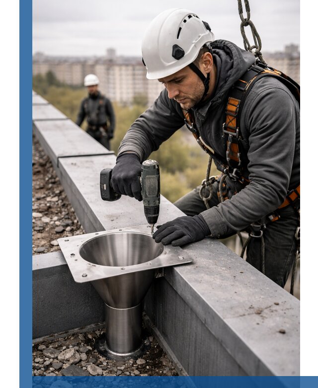 Монтаж водосточных воронок в Лобне для промышленных зданий