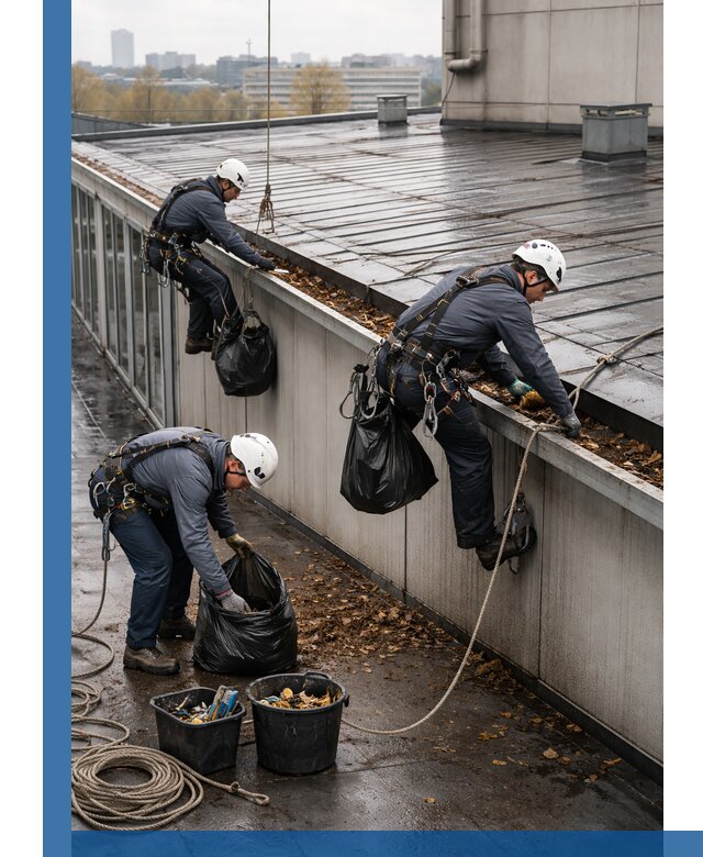 Очистка кровли по периметру в Лобне силами промышленных альпинистов