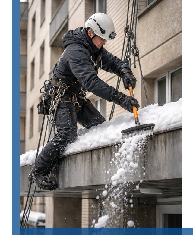 Очистка козырьков от снега в Лобне круглогодично безопасно