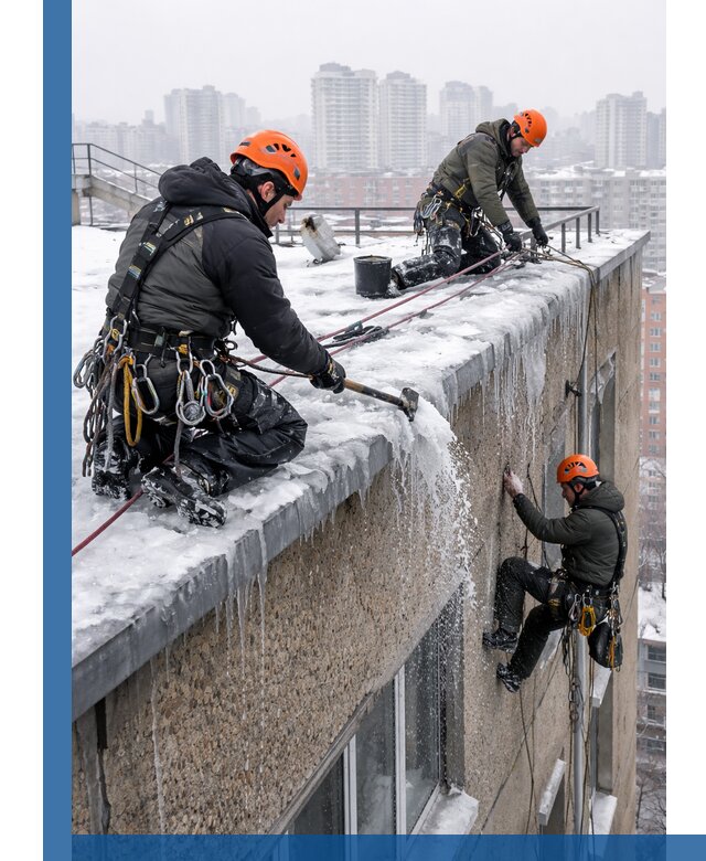 Удаление наледи с кровли в Лобне промышленными альпинистами