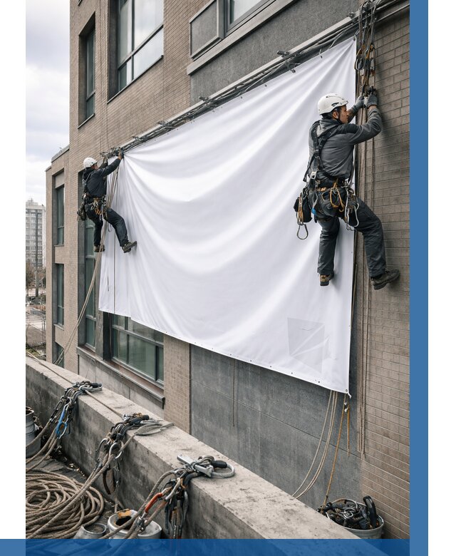 Монтаж баннеров на фасаде в Лобне от 671 р. заказать ВЫСОТНИК-Лбн