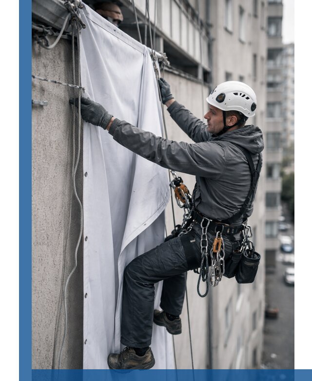 Замена баннерного полотна промышленными альпинистами в Лобне