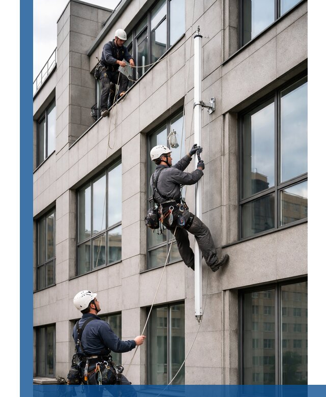 Монтаж флагштока на фасаде здания с креплением и герметикой в Лобне