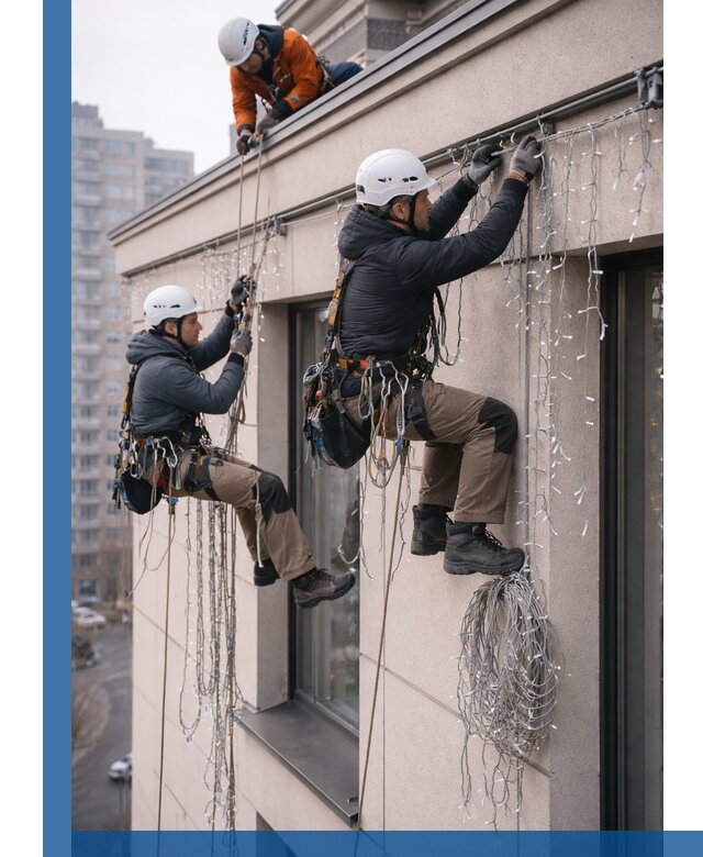 Монтаж праздничных гирлянд на фасаде в Лобне для зданий