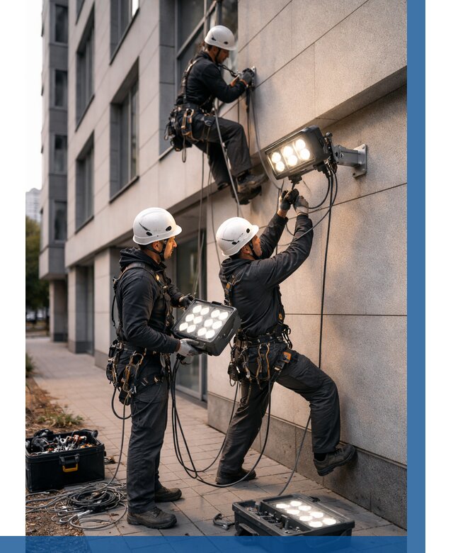 Монтаж прожекторов на фасаде в Лобне от 7745 р. | ВЫСОТНИК-Лбн