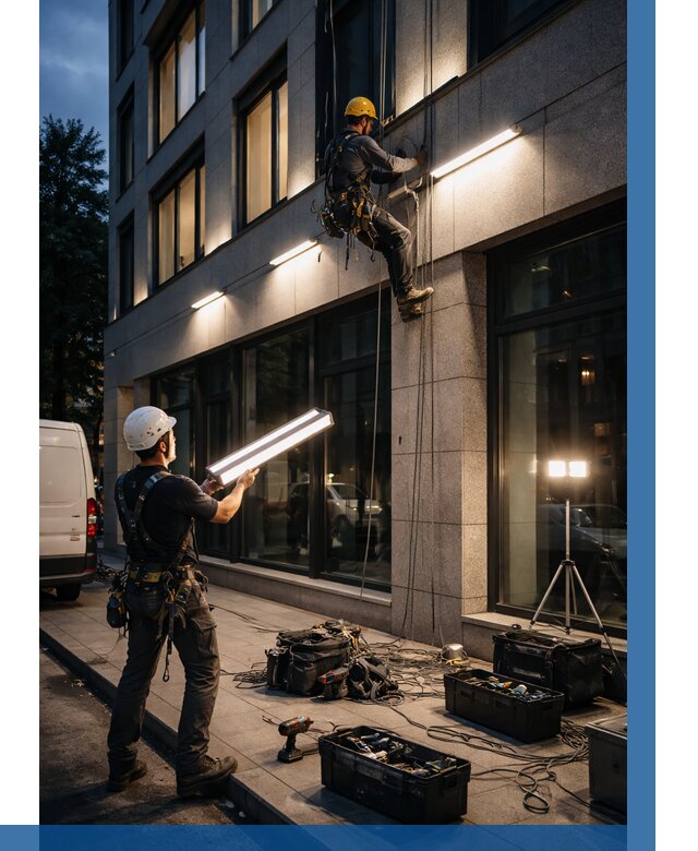 Монтаж архитектурной подсветки здания в Лобне от 2582 р.|ВЫСОТНИК-Лбн