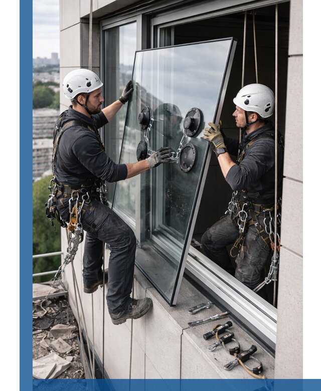 Замена стеклопакетов на высоте с промышленными альпинистами в Лобне