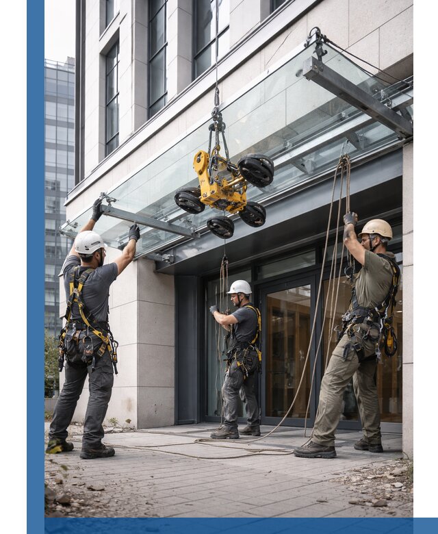 Монтаж стеклянных козырьков под ключ в Лобне для зданий