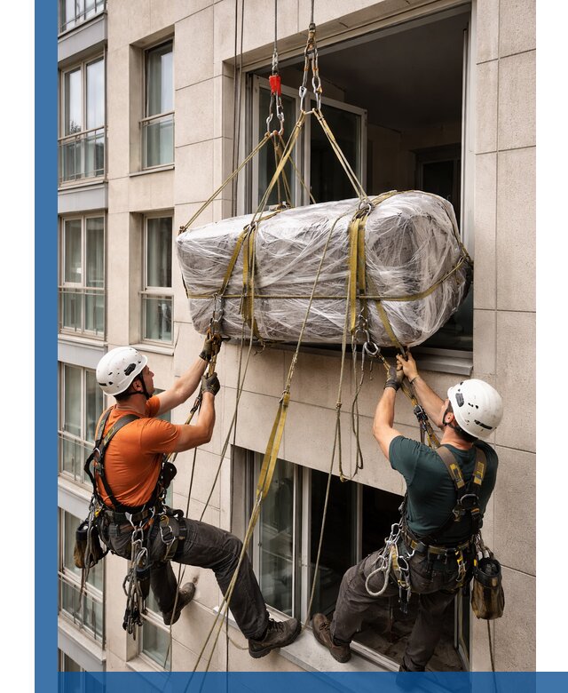 Подъем грузов через окно в Лобне промышленными альпинистами