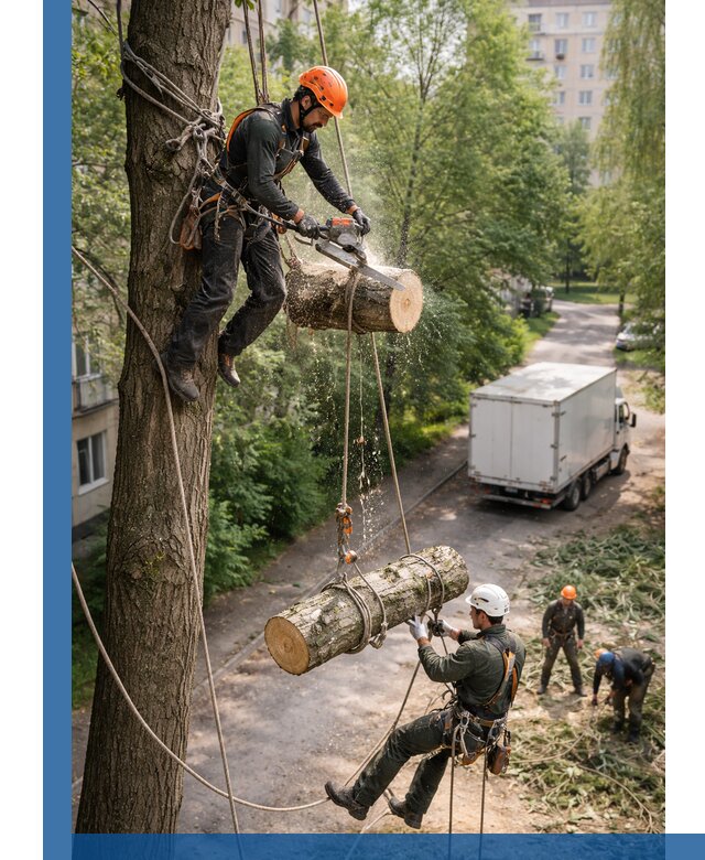 Спил деревьев альпинистами в Лобне, безопасно и без повреждений