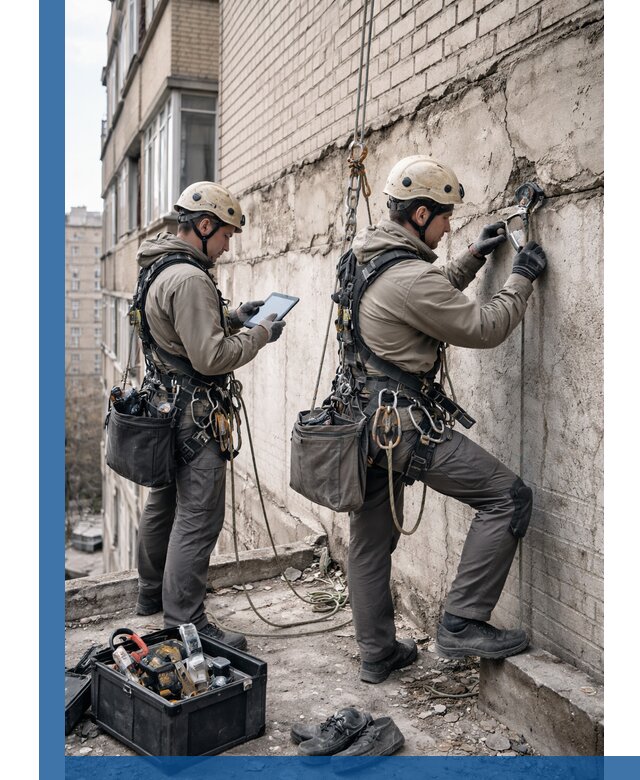 Обследование фасада промышленными альпинистами в Лобне